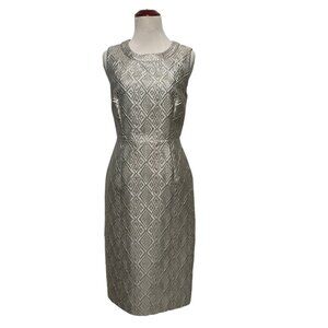 Max Mara Pianoforte Accento Brocade Midi Sheath Dress Metallic Silver Gold‎ Sz 6